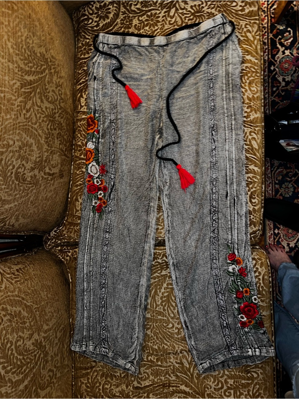 NWT Gray Embroidered Women's Pants with Red Tassel Drawstring